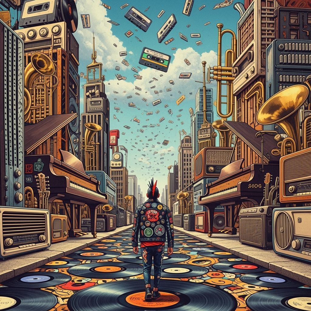 Surreal Music Cityscape of Instruments and Radios