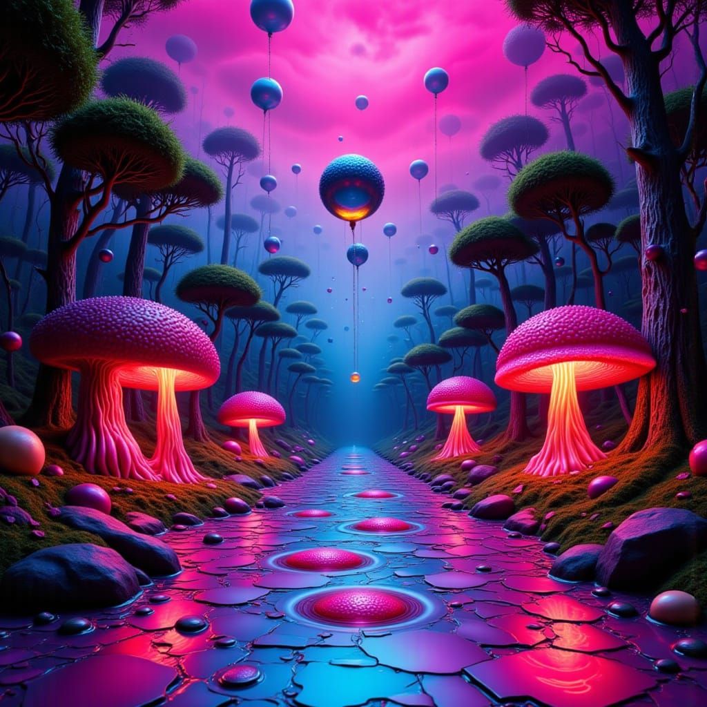 Surreal Forest Clearing with Fluorescent Trees