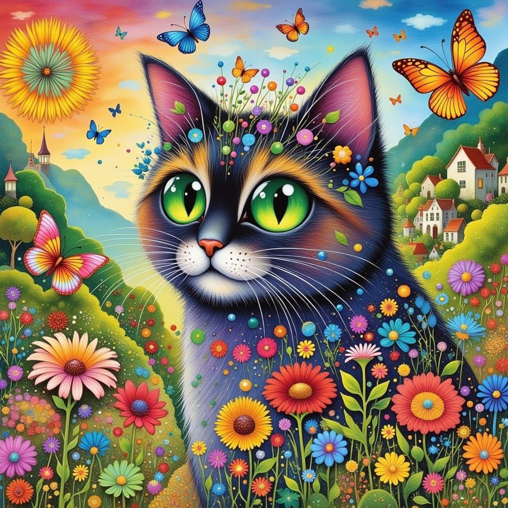 Folk-Art Cat with Floral Crown in Fantasy Village