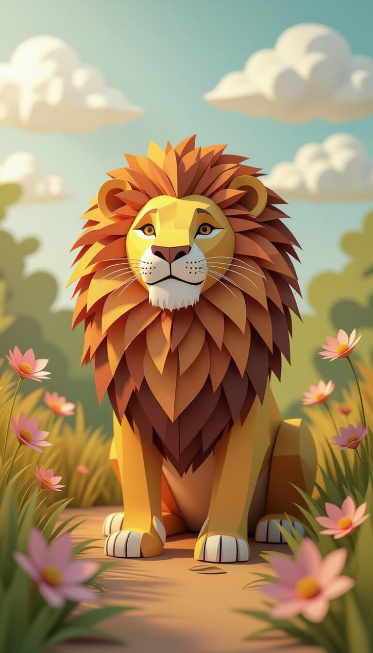 Paper Collage Lion in Jungle Scene