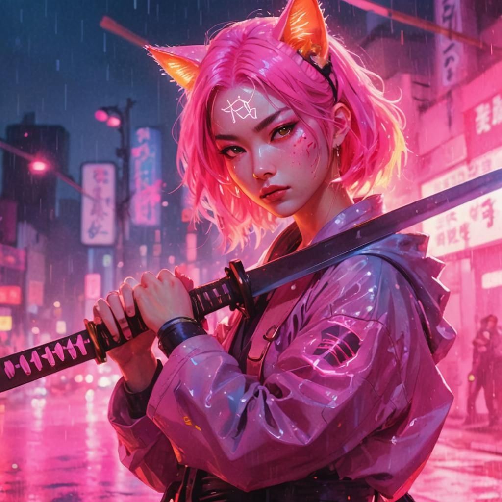 Edo-Inspired Manga Girl with Katana in Neon City