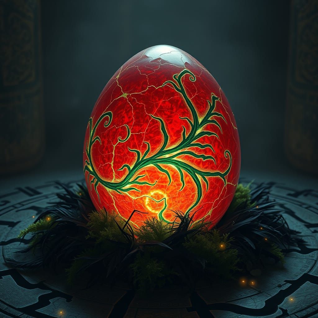 Mystical Phoenix Egg in Dark Fantasy Chamber