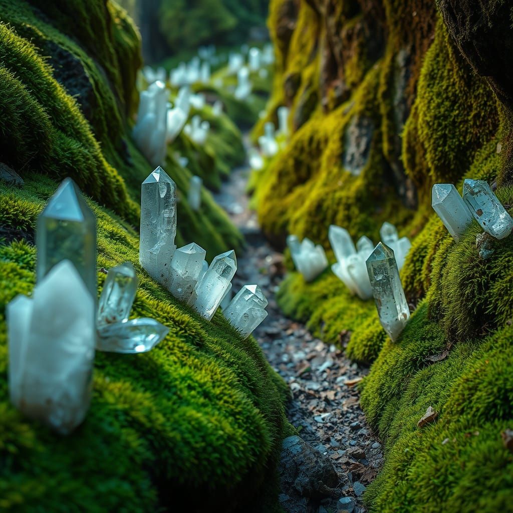 Enchanted Pathway with Luminous Crystals and Moss