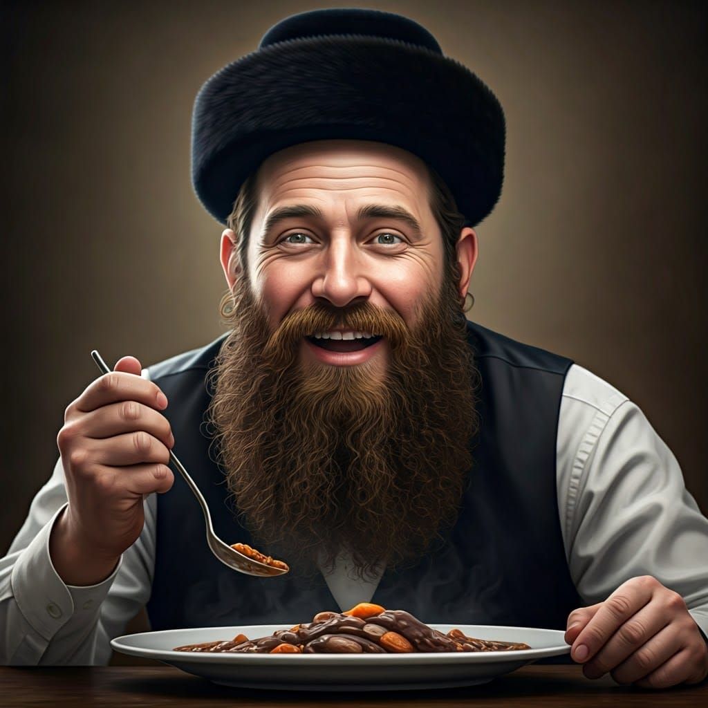 Joyful Hasidic Man Pouncing on Cholent, Anime-Inspired