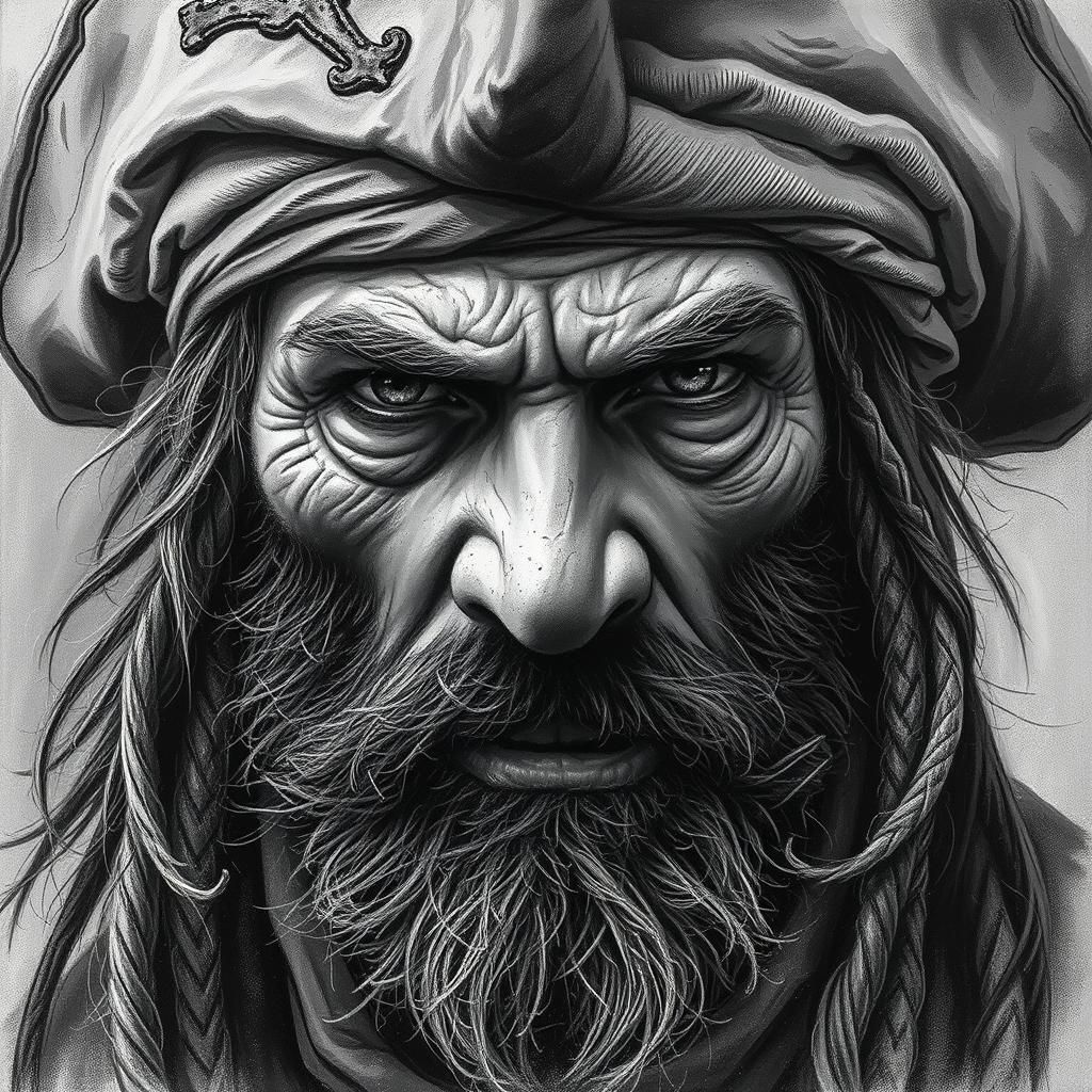 Grizzled Pirate Portrait in High-Contrast Charcoal