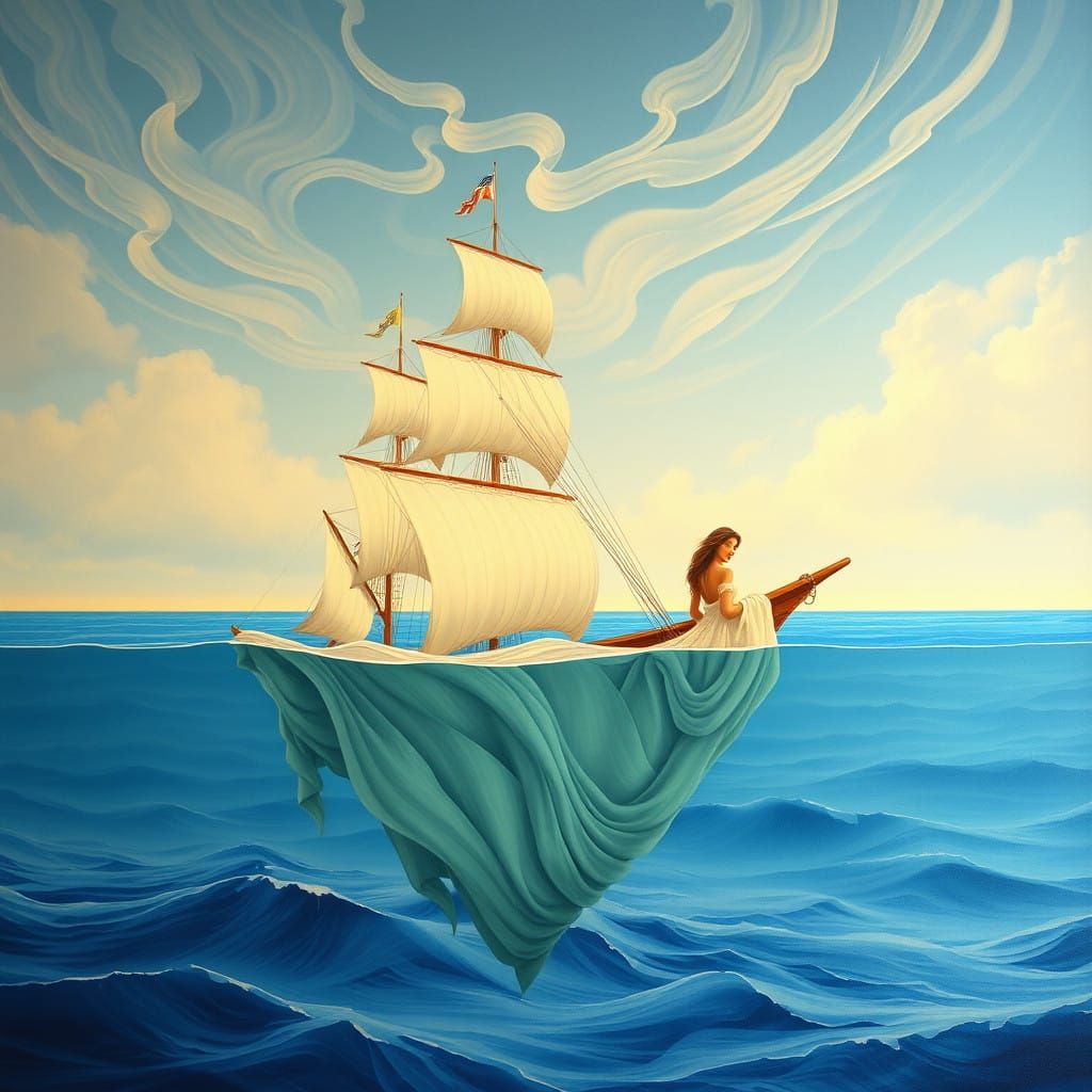 Dreamlike Ocean Scene with Ships Sinking into the Sky