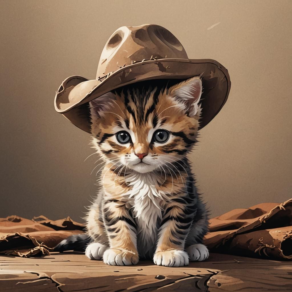 Kitten in Cowboy Hat in Anime Style