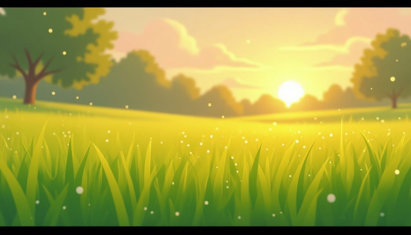 Cartoon Farm Morning With Ginger Cat And Dewdrops