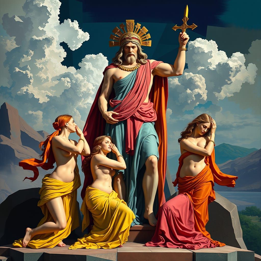 Athena Surrounded by Maidens in Cubist Style