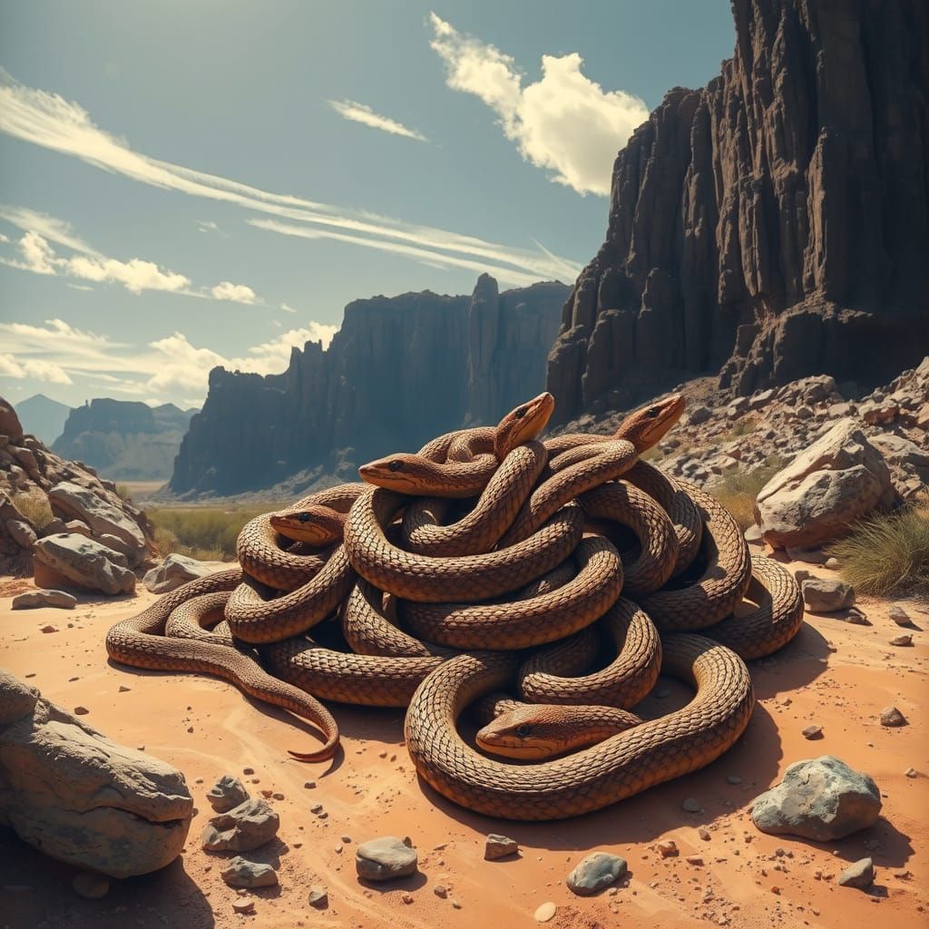 Rattlesnakes Entwined in Desert Landscape
