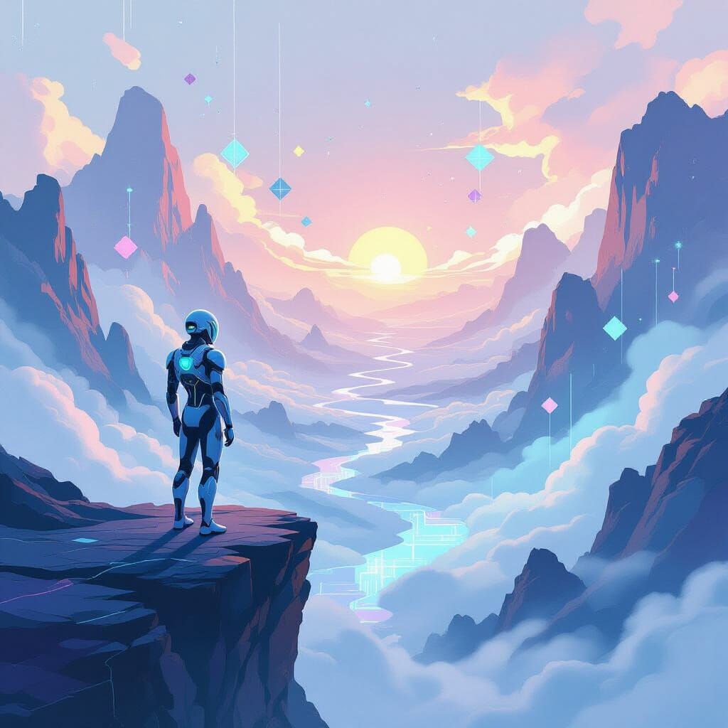 Synthetic Android Overlooks Data River Landscape