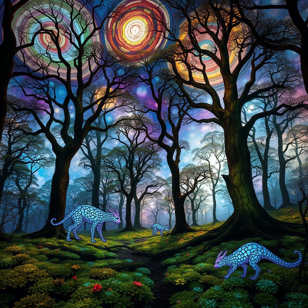 Stained Glass Forest Glade with Nebulae Sky