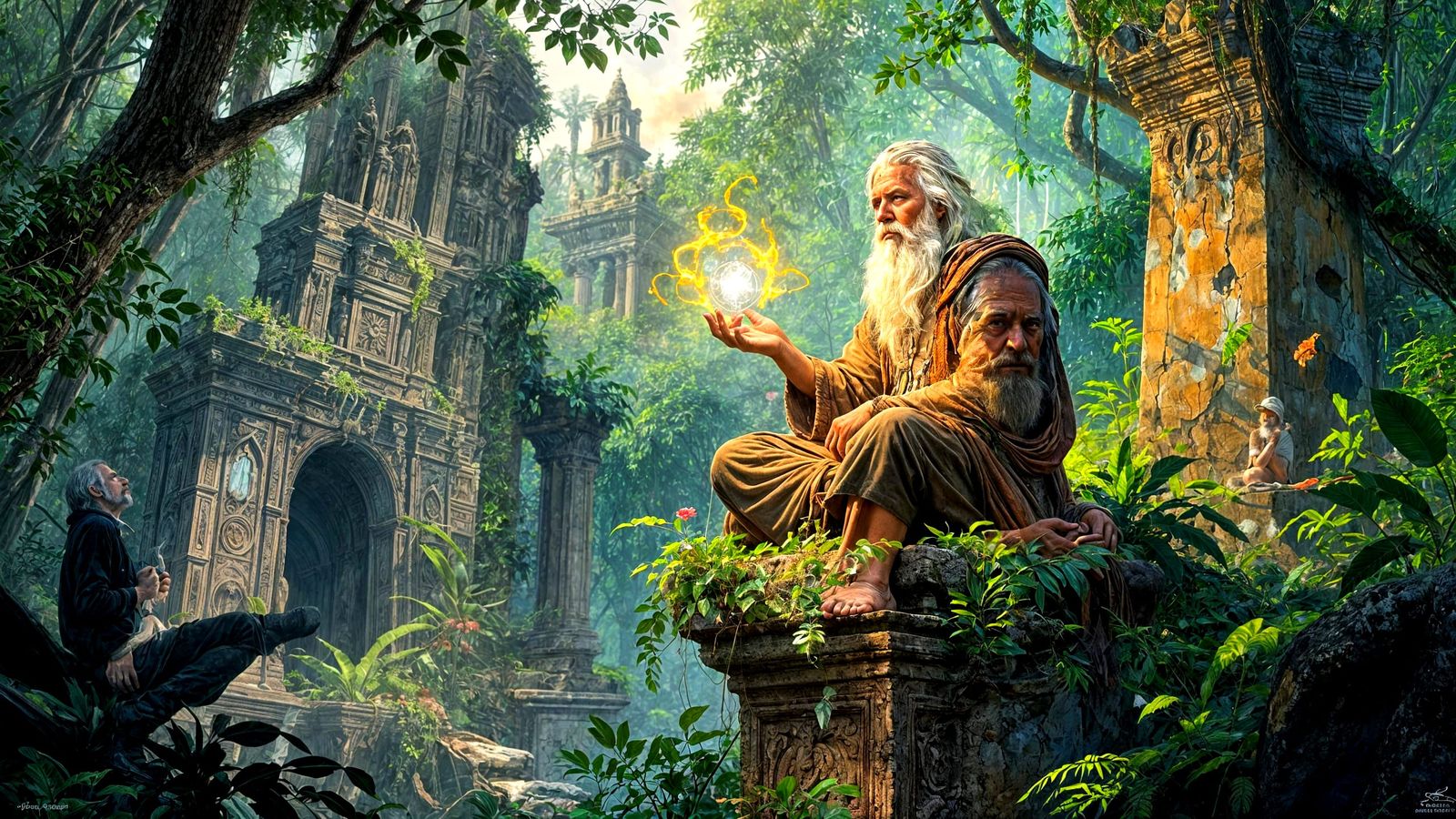 Wise Old Man Observing Mystical Artifact in Jungle Ruins