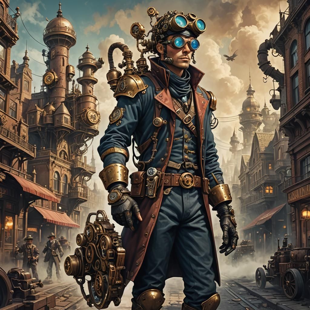 Steampunk Adventurer in Victorian City: Digital Illustration