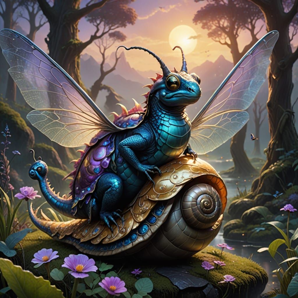 Whimsical Dragon Soars in Iridescent Snail, Cinematic Fantas...