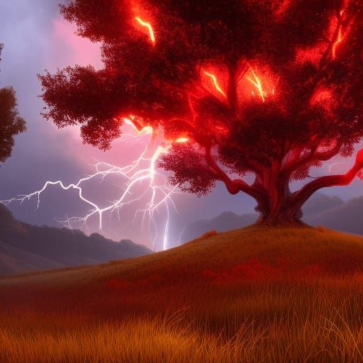 Lightning Storm Illuminates Red Tree: Fantasy Concept Art