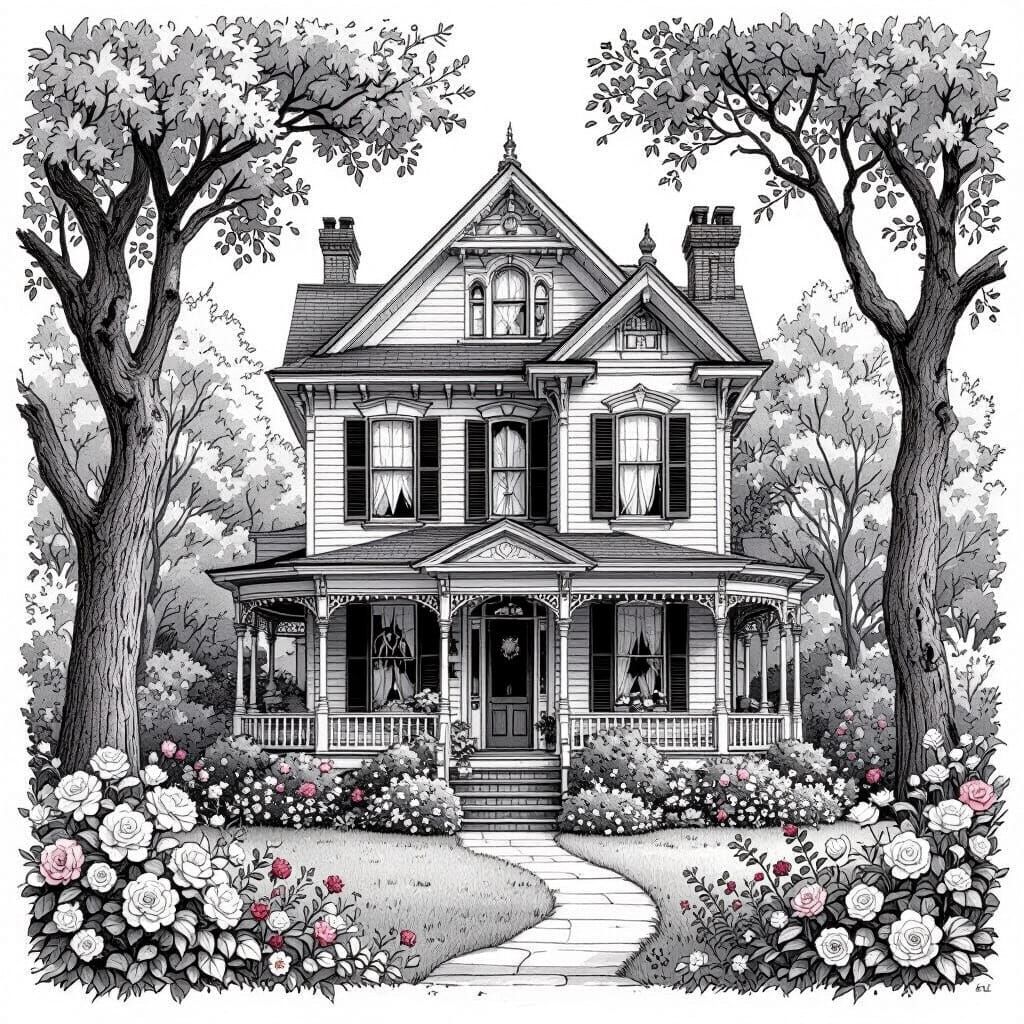 Victorian House in Black and White Pencil Drawing