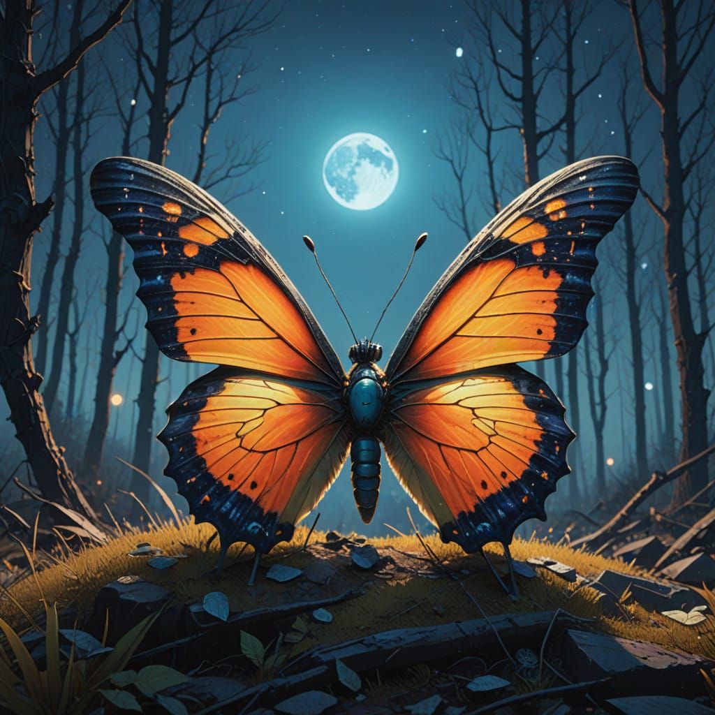 Majestic Lime Crystal Butterfly in Moonlit Night Sky