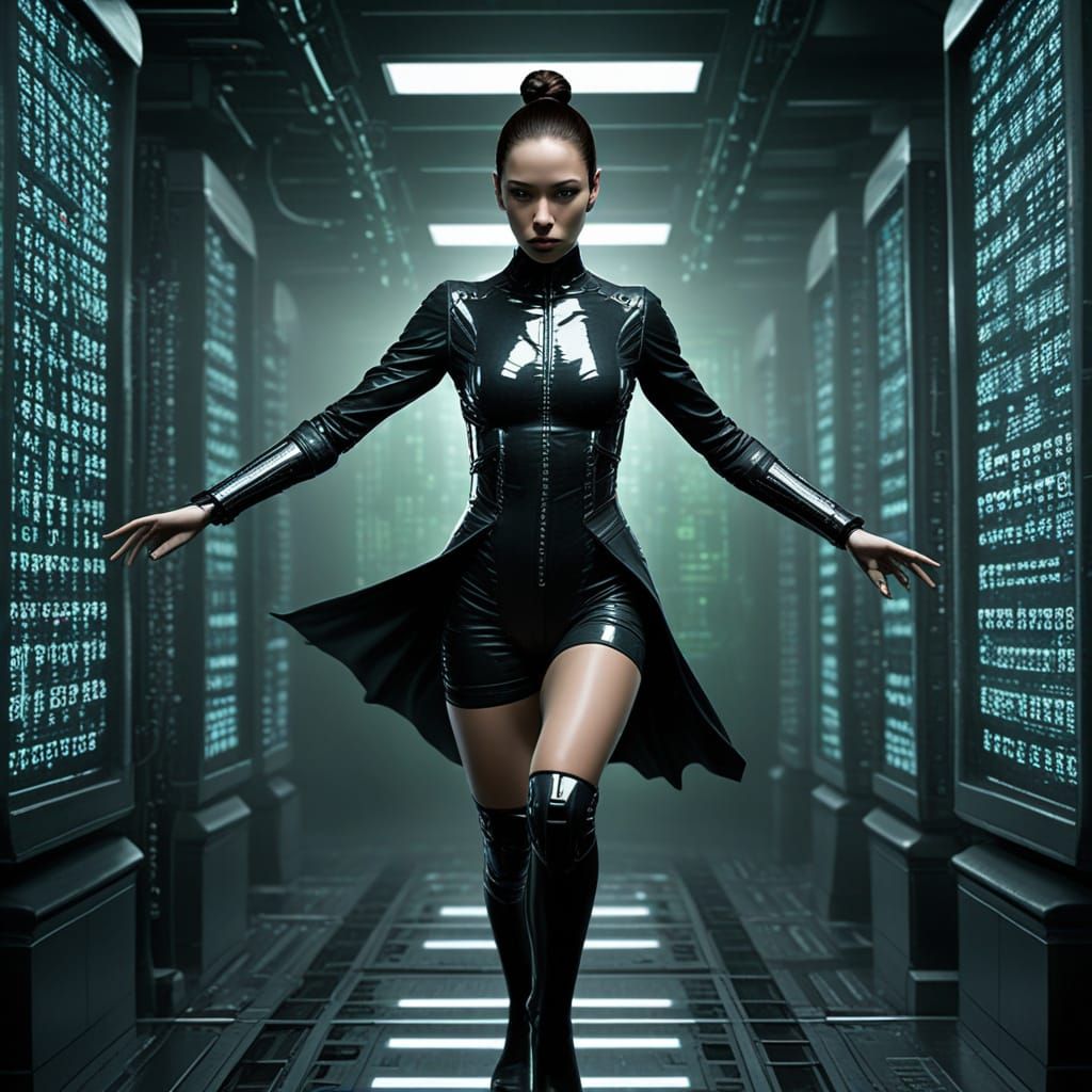 Cyberpunk Cyborg Levitates Amidst Matrix Code