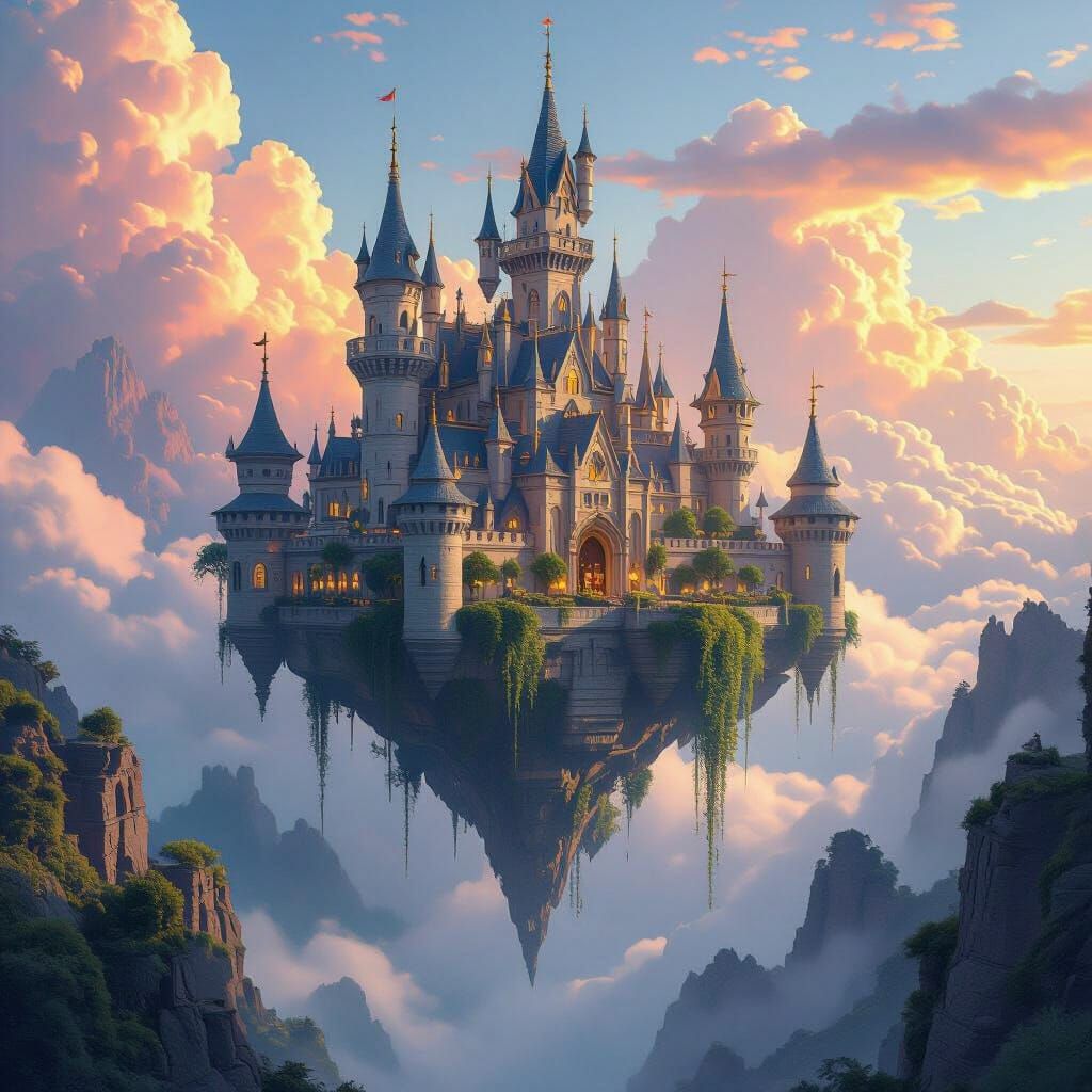 Majestic Flying Castle in Matte Painting Style