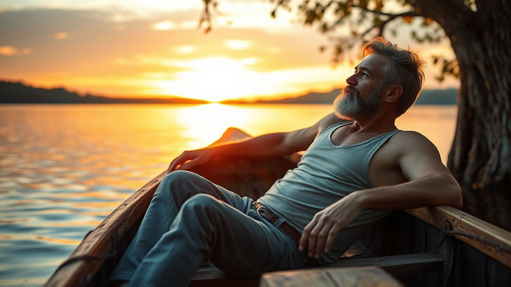 Man in Boat at Sunset, Evocative Summer Scene
