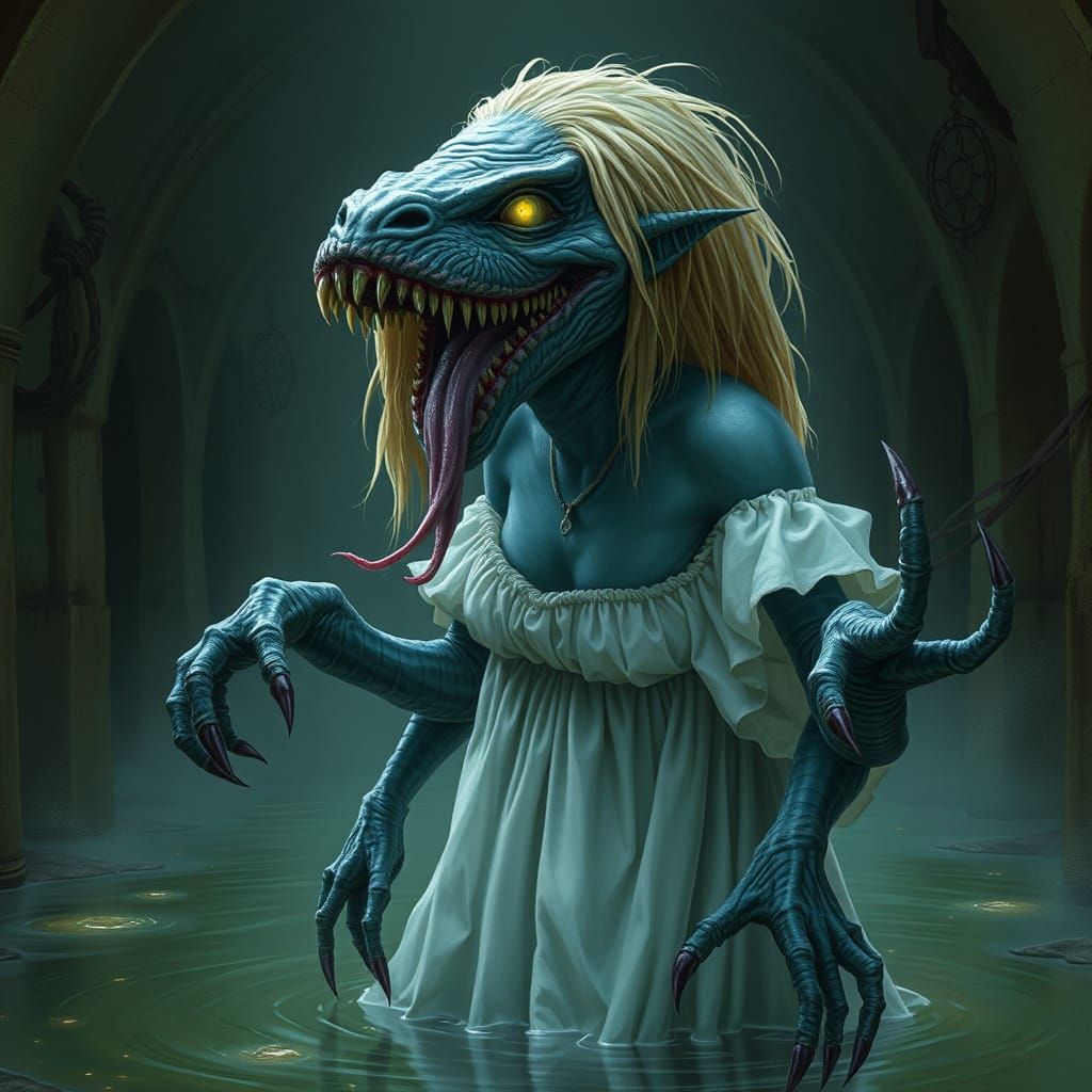 Blue Scaled Monster Woman in Misty Pond