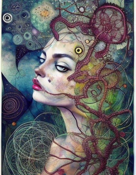 Abstract Woman Portrait with Geometric Textile Art