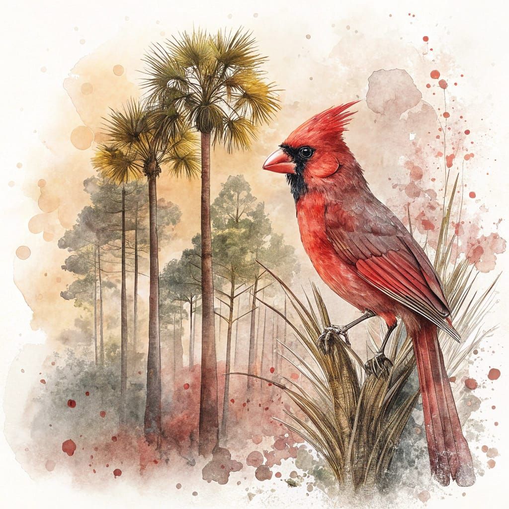 Ethereal Cardinal in a Palmetto Forest