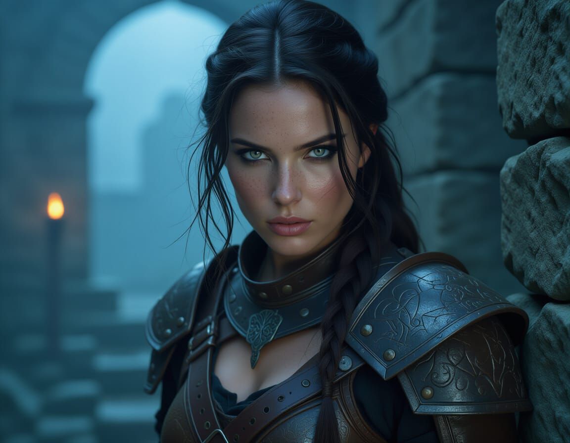 Female Warrior Explores Foggy Ancient Ruins