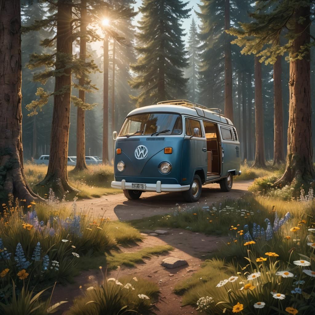 Modern Campervan in Forest Campsite: Matte Painting