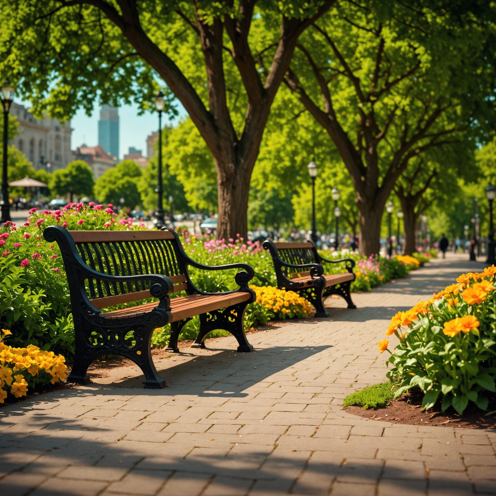 Downtown Park Bench in Hyperrealistic Garden