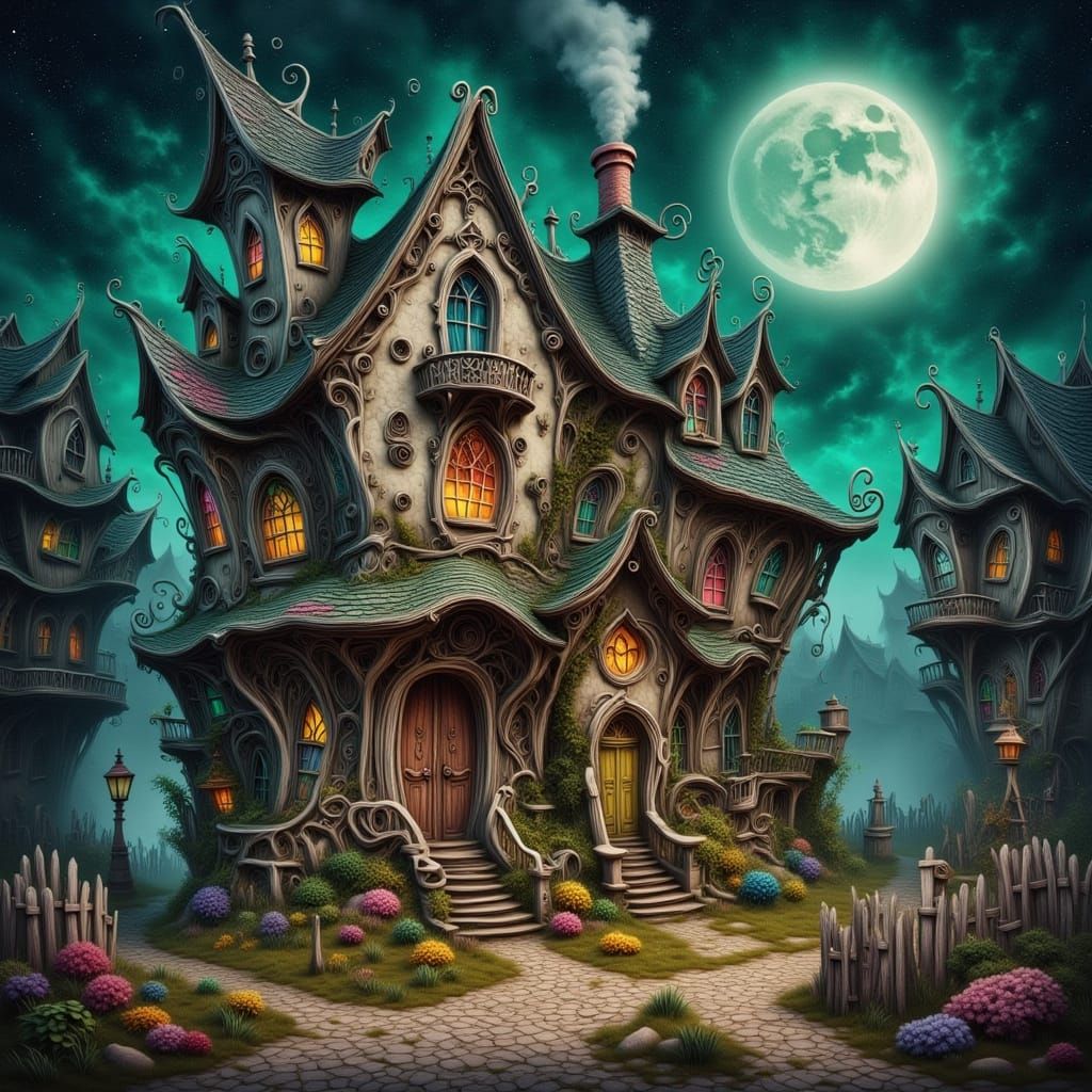 Whimsical Spooky Cottage Under Starry Midnight Sky