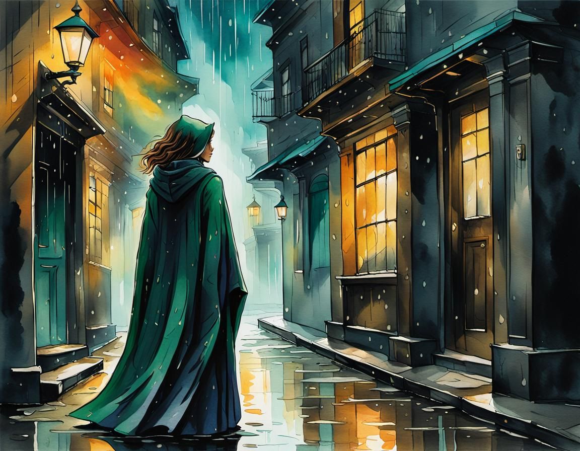 Neo-Noir Woman in Rainy Alley: Watercolor and Ink