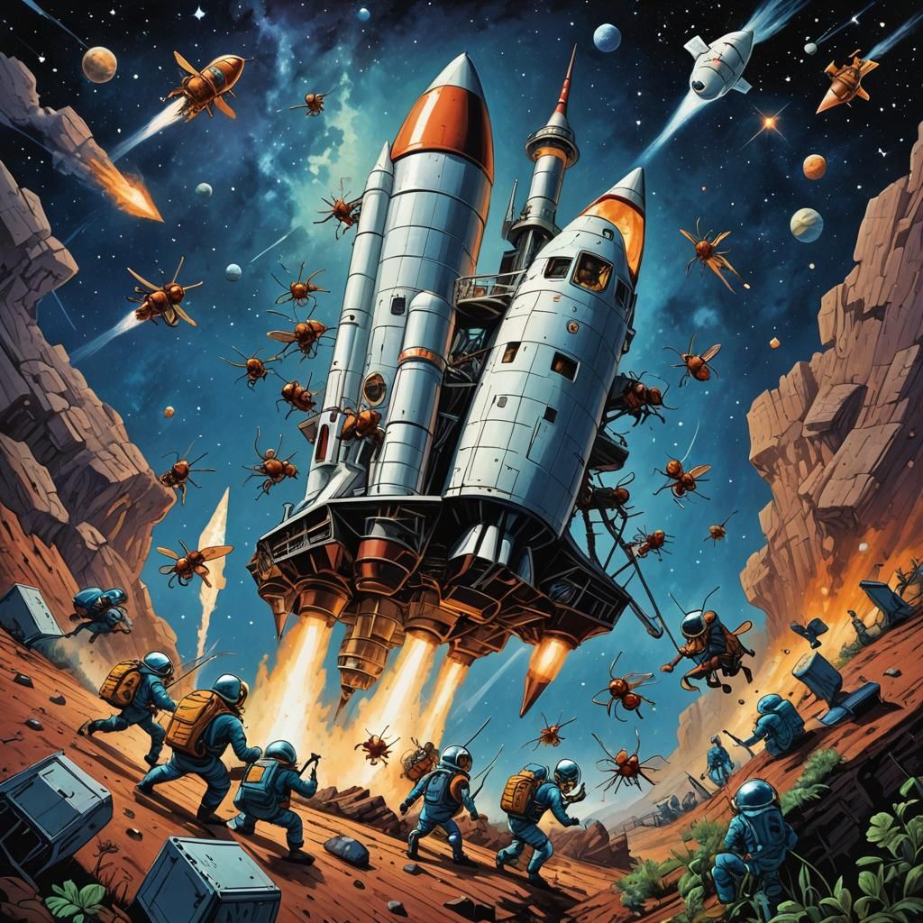 Ants Building Rocket in Space, Comic Book Art