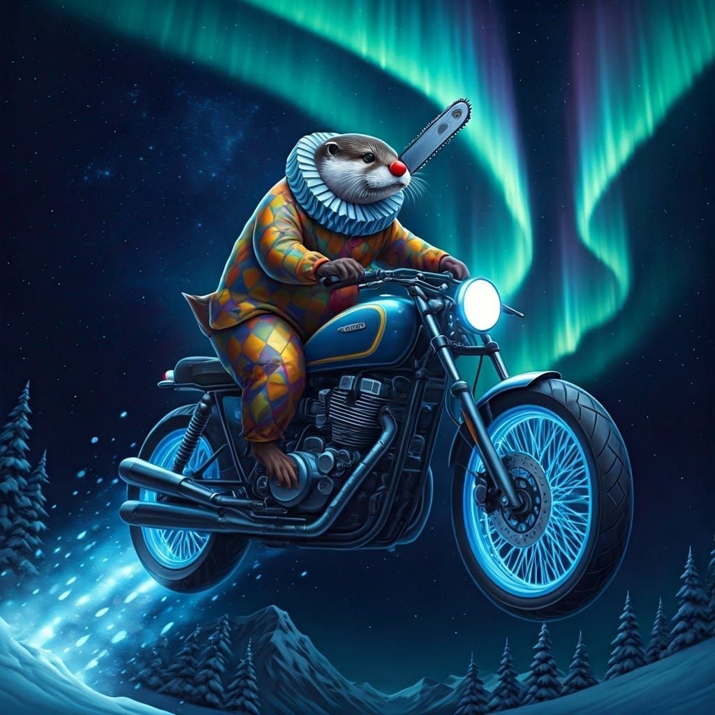 Cosmic Otter Aviator in a Vibrant Clown Suit Takes Flight