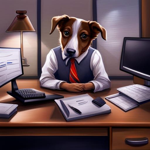 Hyperrealistic Dog Working in Vintage Office