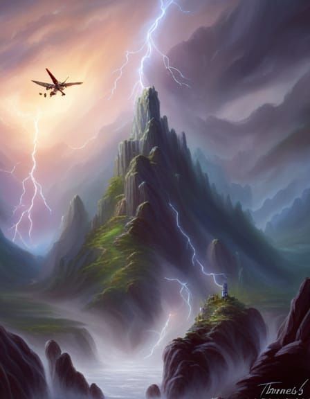 Dinosaurs in Lightning Storm on Mountain: Fantasy Cover