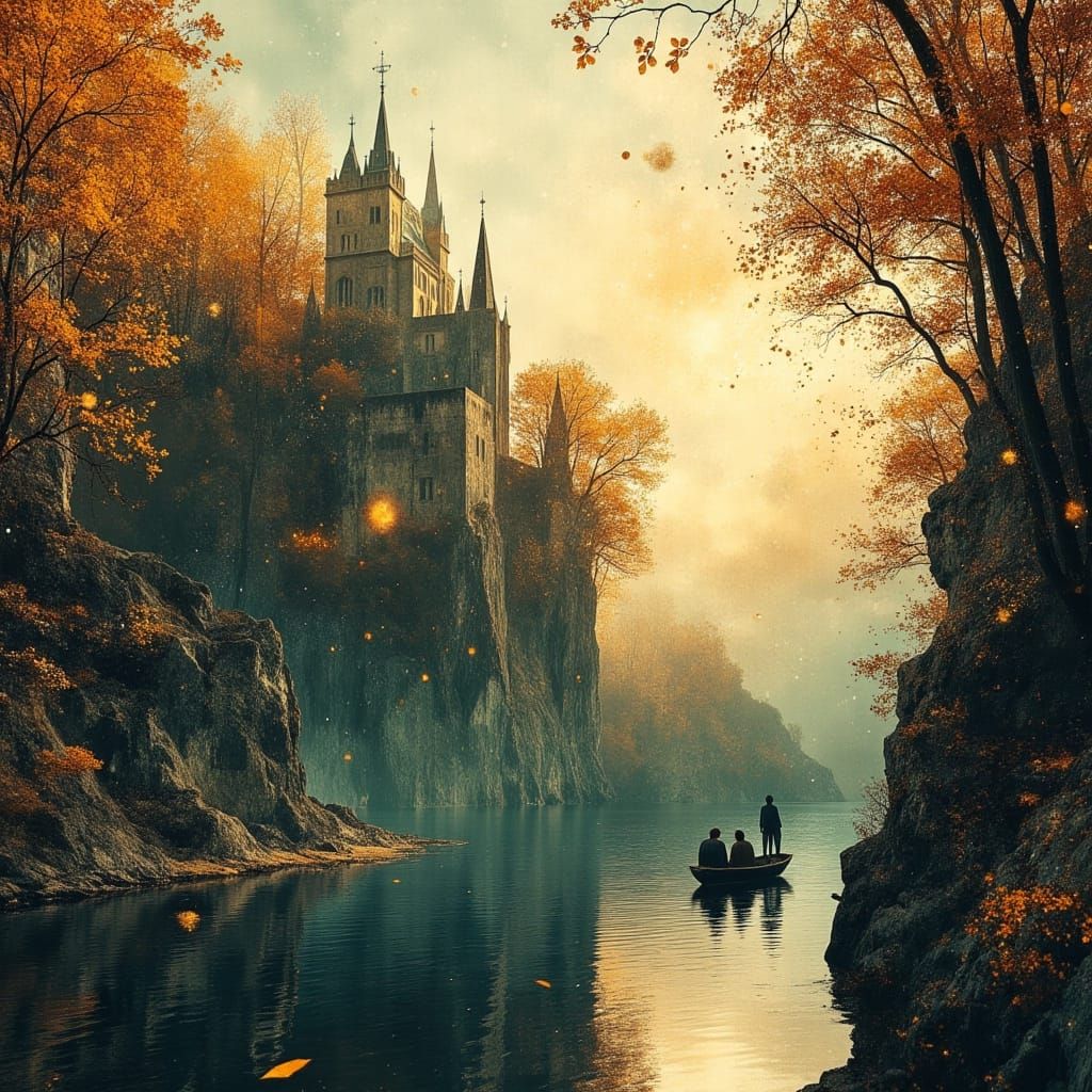 Enchanted Autumn Castle by River in Celestial Glow