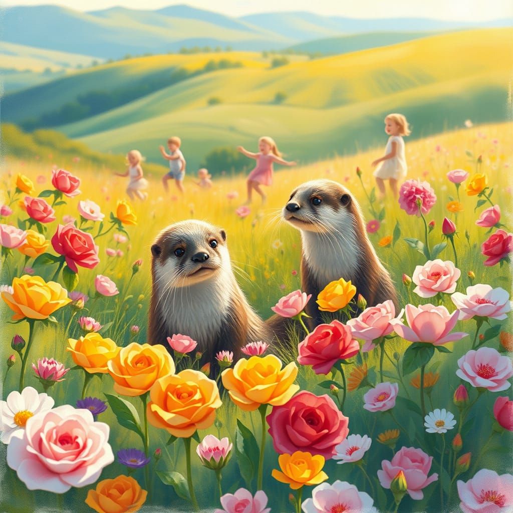 Whimsical Otter Friends in Vibrant Floral Wonderland