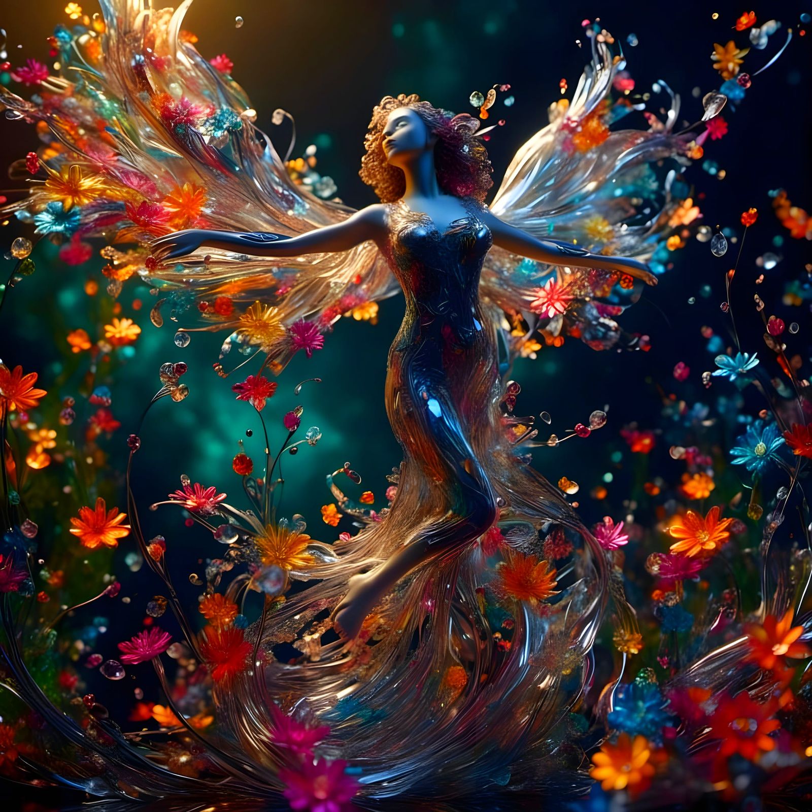 Glass Woman Sculpture Dancing with Flowers