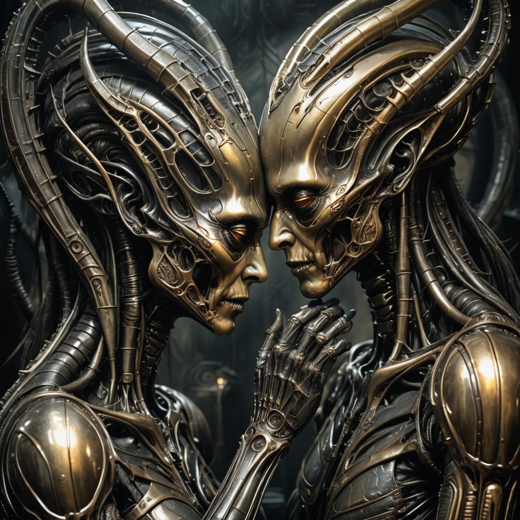 Biomechanical Aliens Embrace in Erotic Dark Fantasy