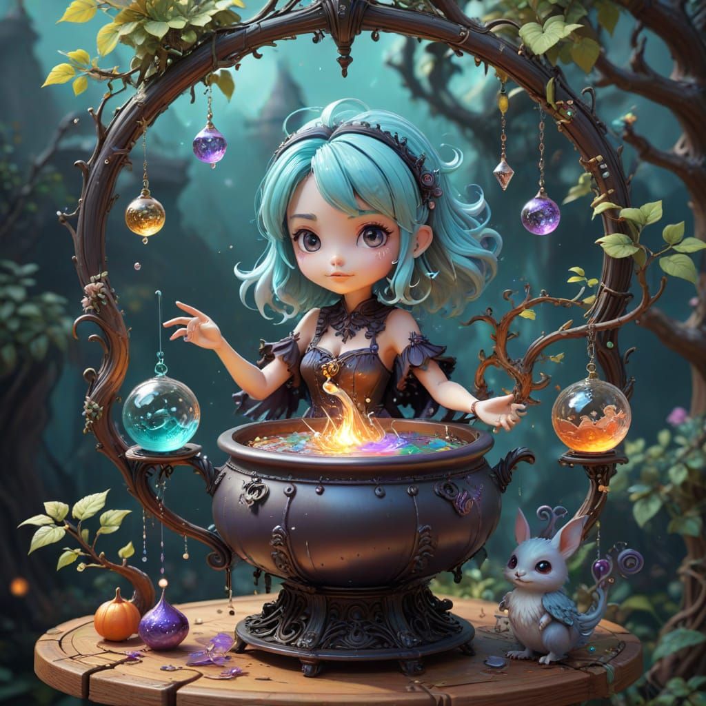 Chibi Witch Brewing Potion with Imp in Birdcage