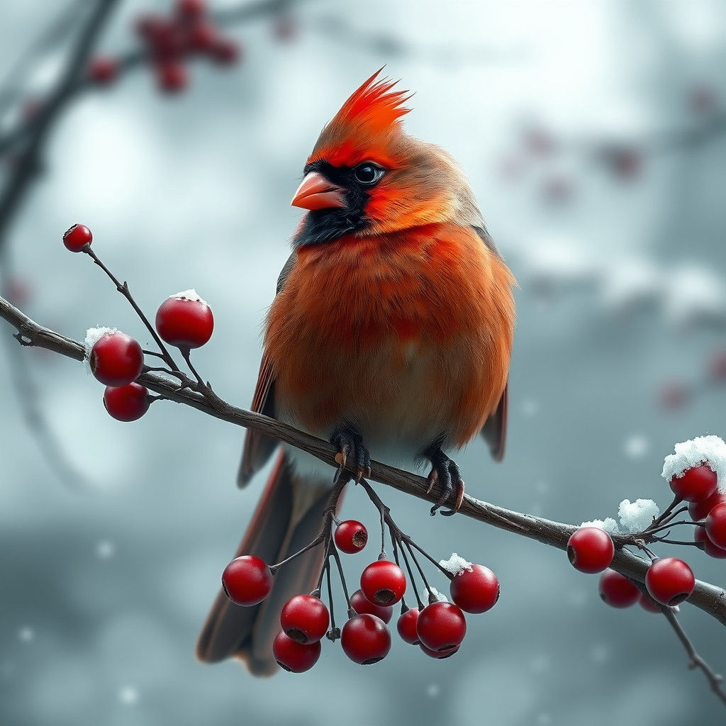 Cardinal in Winter Scene: Detailed Matte Painting