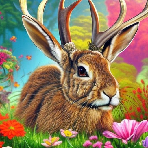 Jackalope with Floral Antlers in Vibrant Meadow