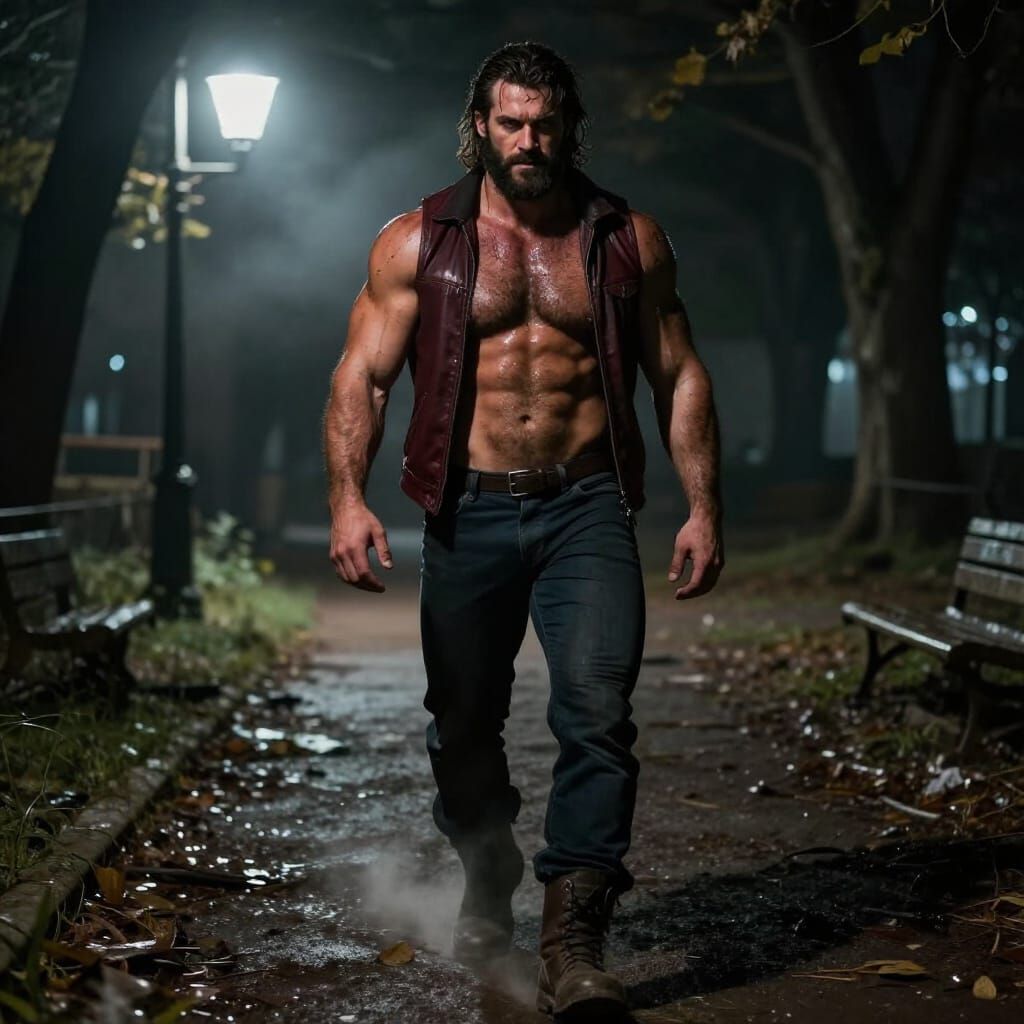 Rugged Man Hunts in Shadowy Park at Night