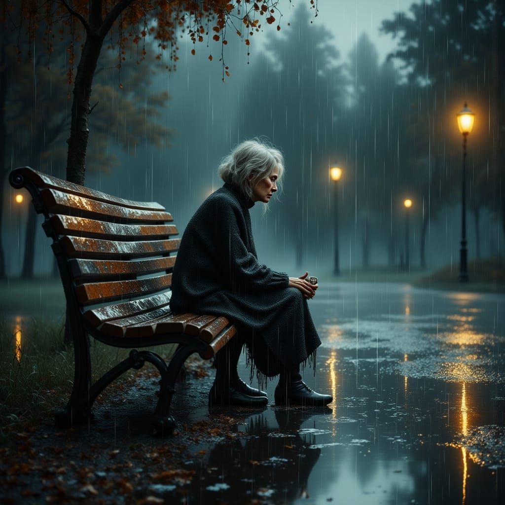 Woman's Isolation on Rainy Park Bench in Matte Painting Styl...