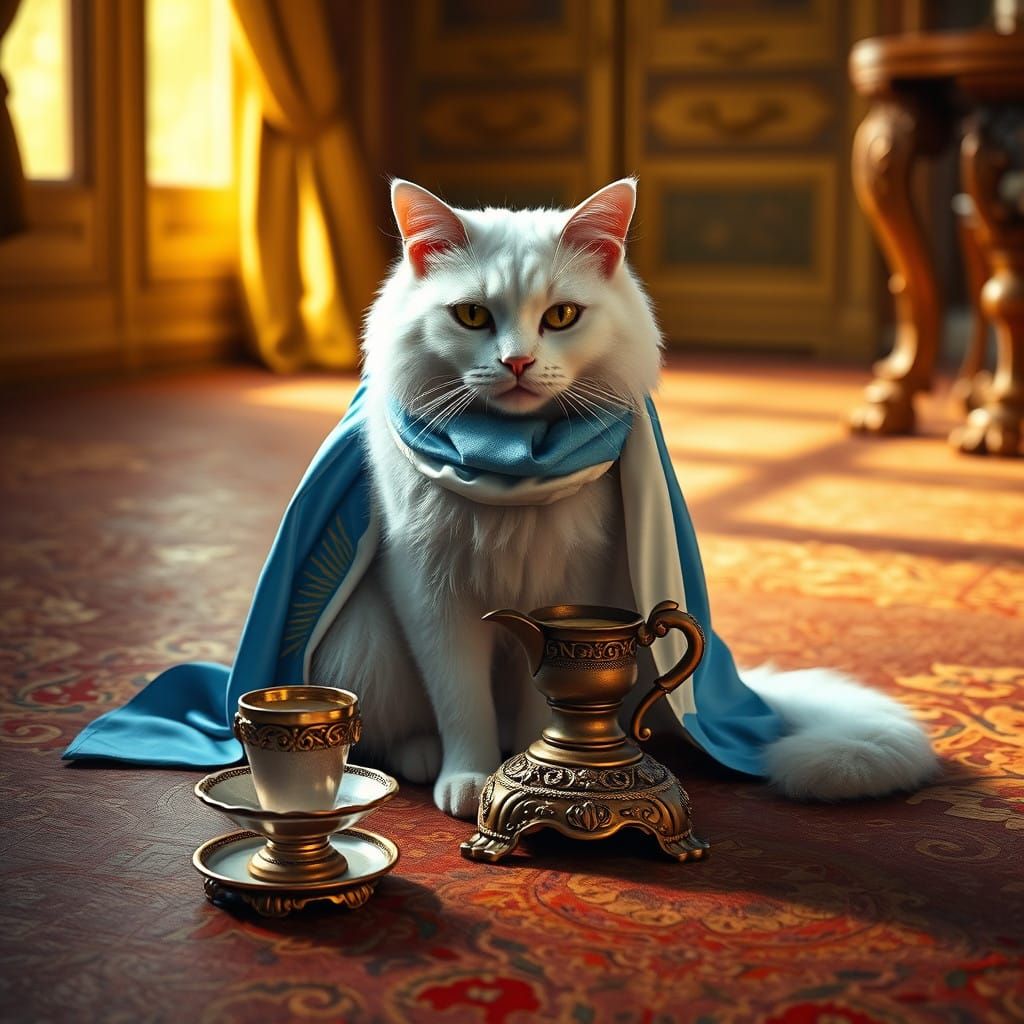 Regal White Cat Adorned with Argentine Flag in Warm, Golden....