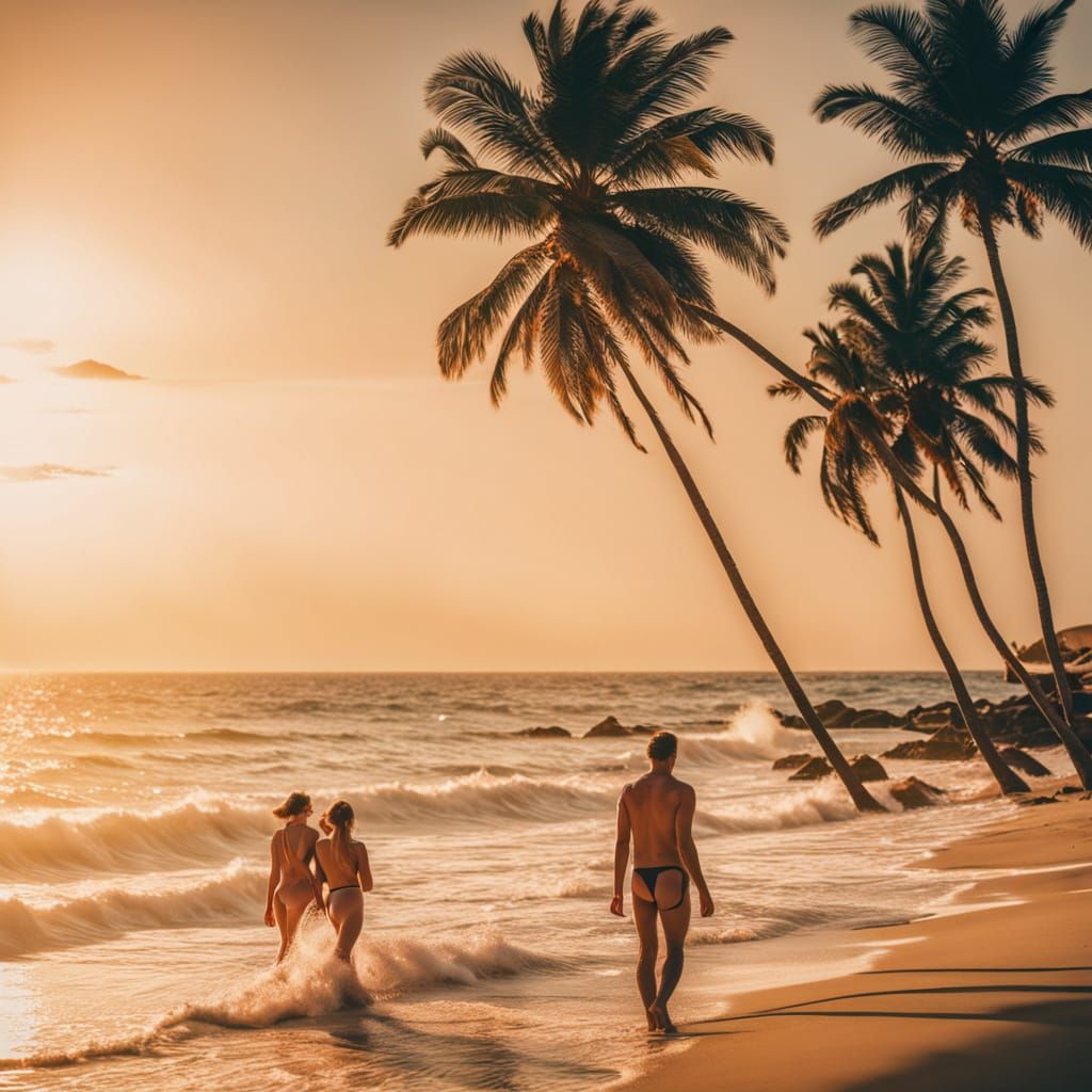 Vibrant Beach Scene with Sunbathers and Golden Light