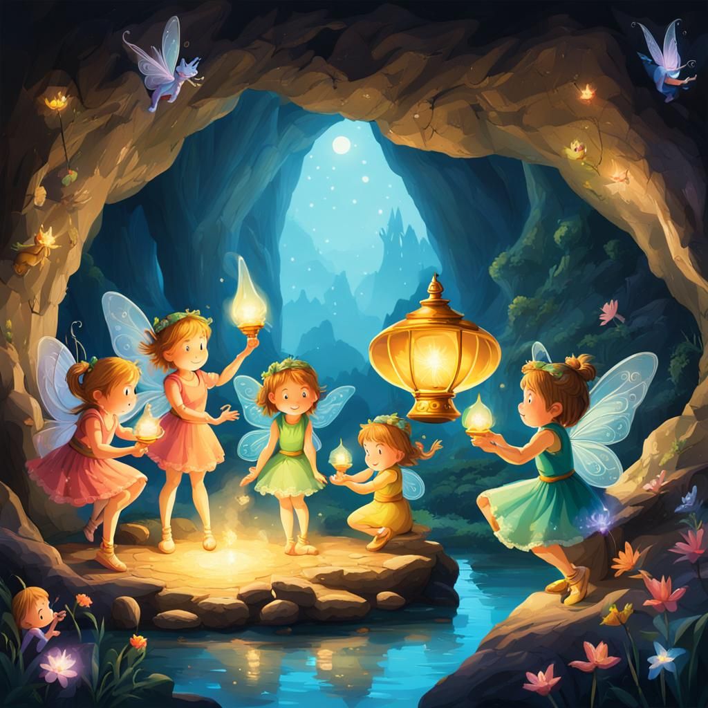 Fairies Play with Magic Lamp in Cave