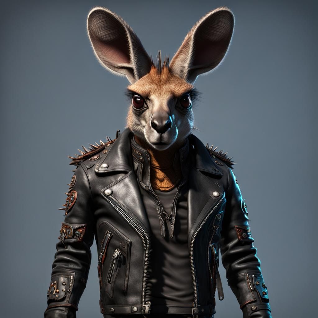 Punk Rocker Kangaroo with Mohawk in Leather Jacket